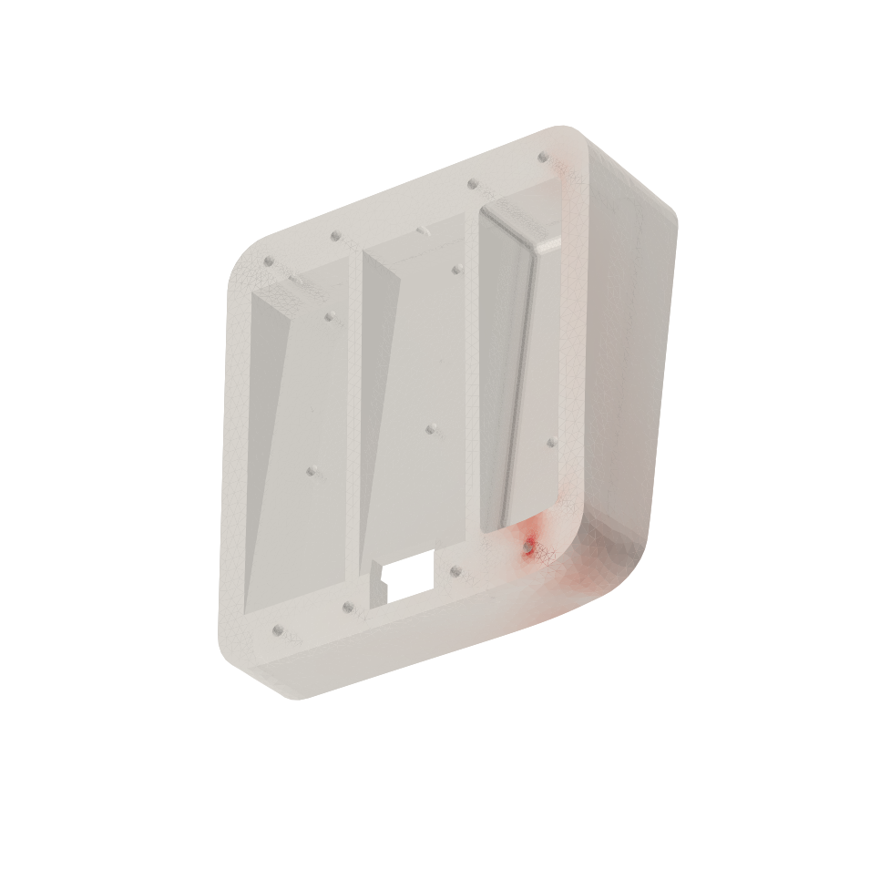 Bottom-left corner hit, seen from behind: hot spot at the bottom-left insert