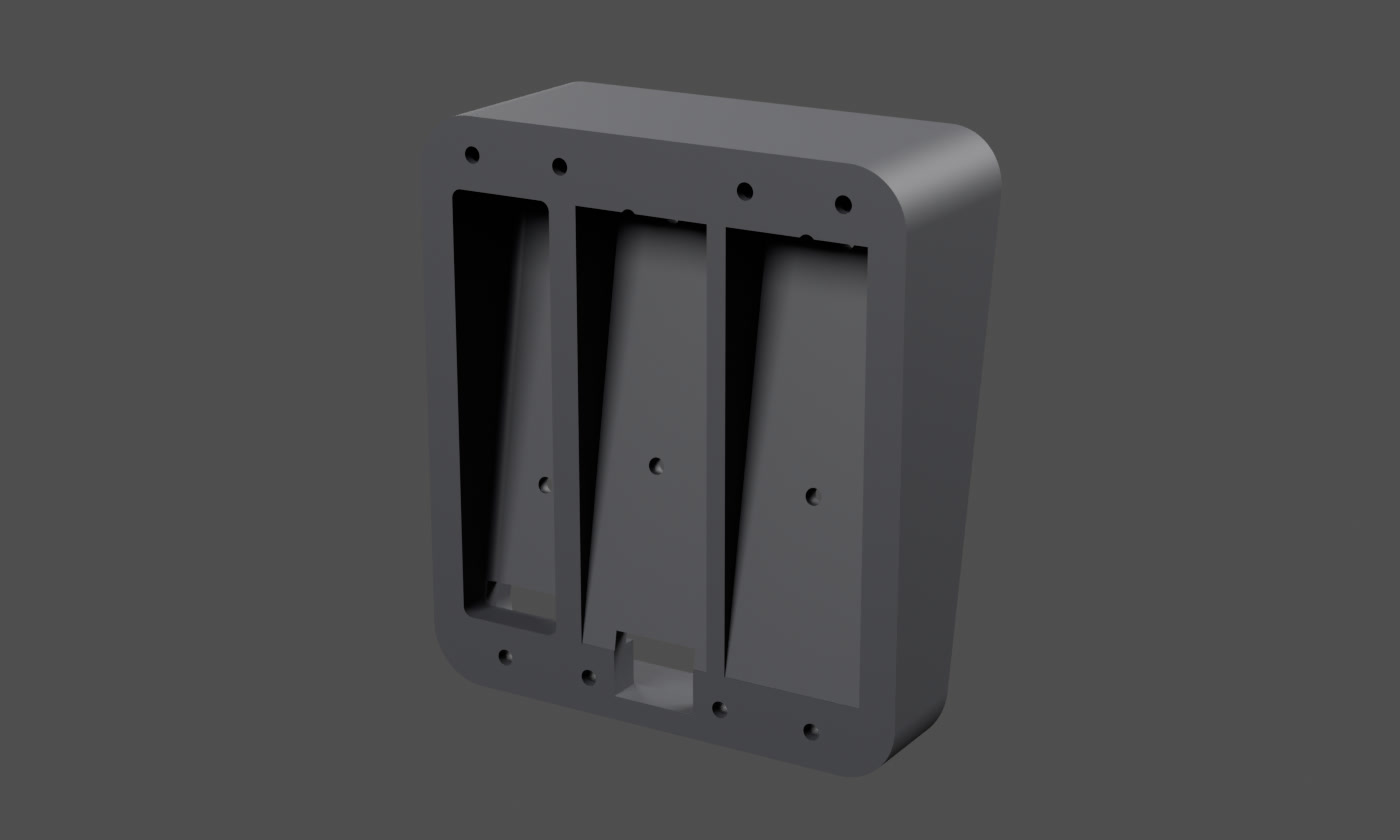 Render of the rigid mount seen from behind: a rounded frame with eight small screw holes around the edge, three deep pockets separated by ribs, and a small rectangular slot at the bottom centre.