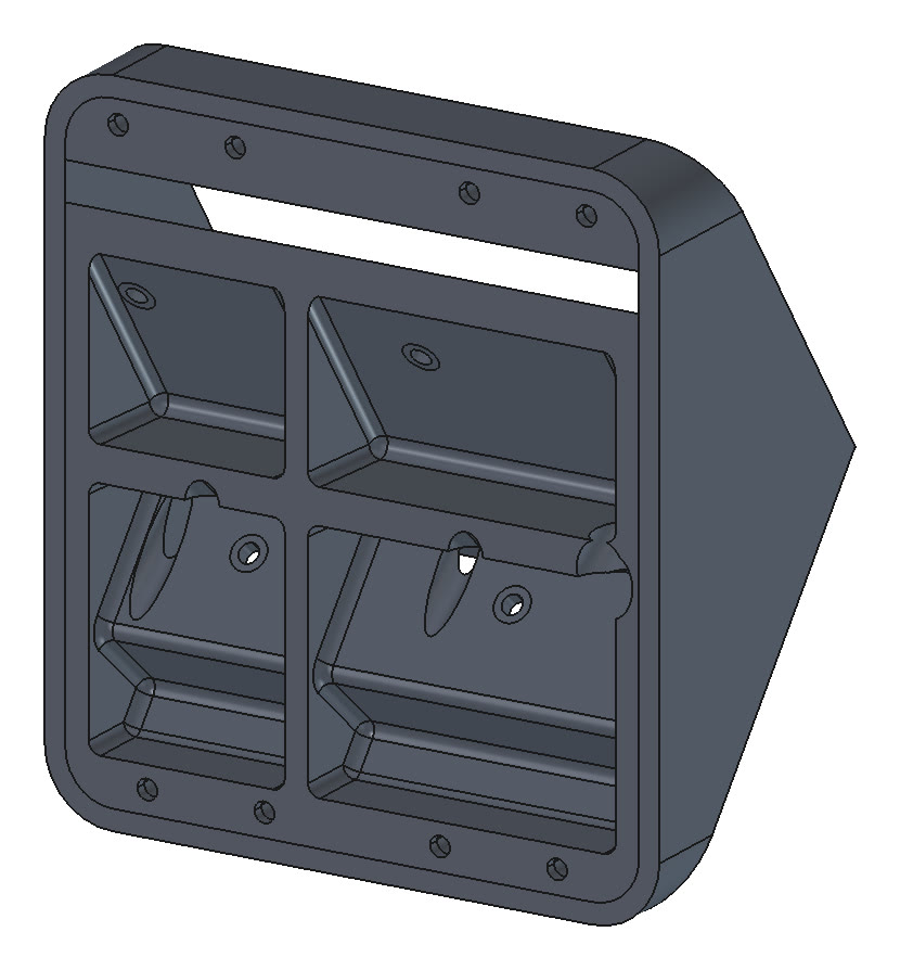 CAD render of the Rev D3 mount from behind: four rectangular pockets and a long open slot across the top of the plate