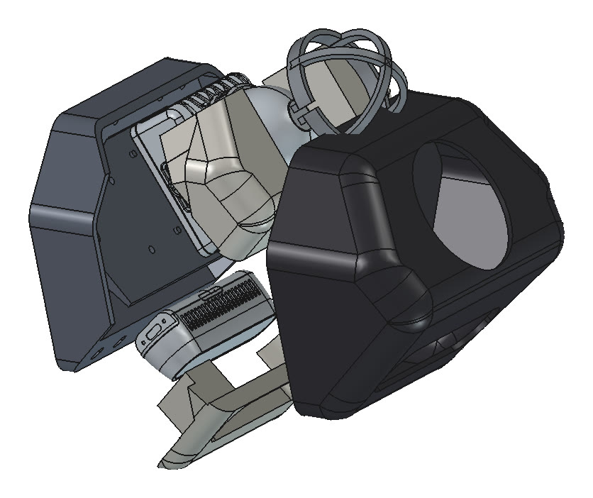 Exploded CAD render of Rev D3.1: mount, sensors, upper and lower filler and the TPU bumper pulled apart