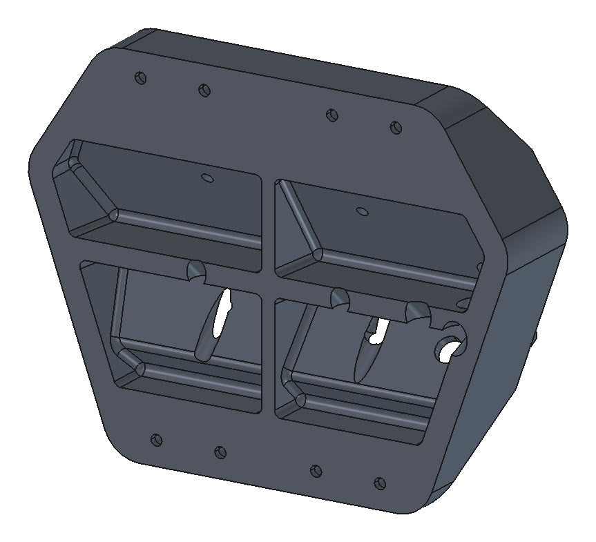 CAD render of the Rev D3.1 mount from behind: hexagonal outline, the top slot closed and solid plate above and below the pockets