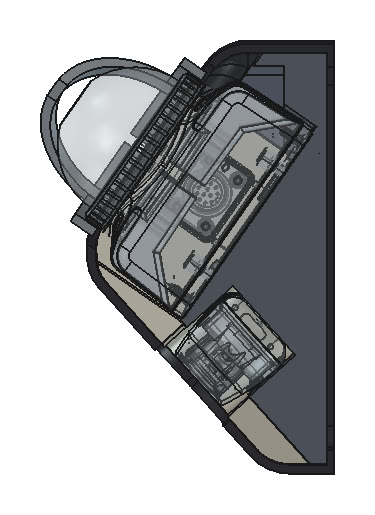 Side section of Rev D3.1 showing the lidar tilted up on top and the D435 angled down below it, inside the filler and bumper