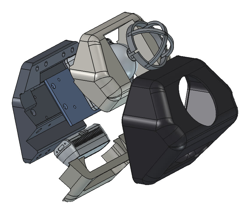 Exploded CAD render of Rev D3.3: mount, lidar plate, sensors, fillers and TPU bumper pulled apart