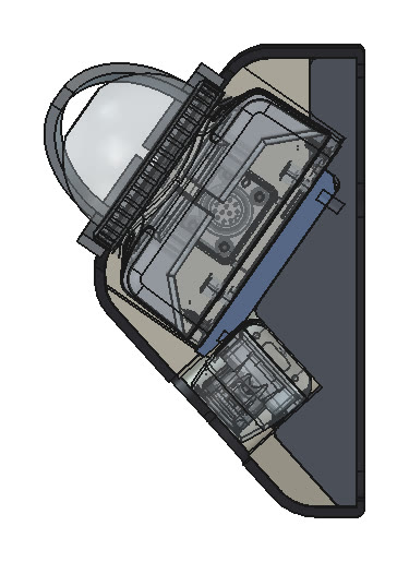 Side section of Rev D3.3 showing the lidar on its plate, tilted up on top, and the D435 below, inside the filler and bumper