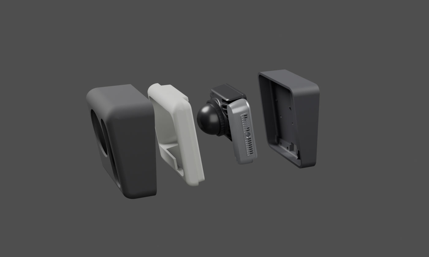 Exploded render, front on the left: the TPU bumper, the light grey filler, the Mid-360 and D435 together, and the rigid mount at the back on the right.