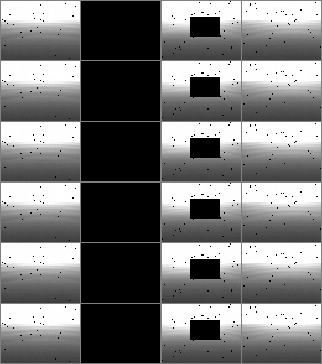 Grid of depth images, four robots across and six timesteps down; every row is pixel-identical, including the same black occlusion rectangle and speckle.