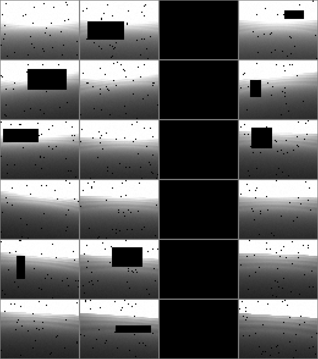 The same grid after the fix; each row differs, with occlusion boxes and the horizon moving from step to step.