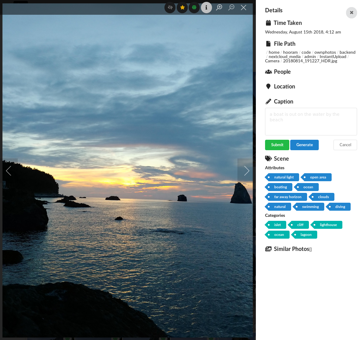 Ownphotos — photo detail with AI scene tags