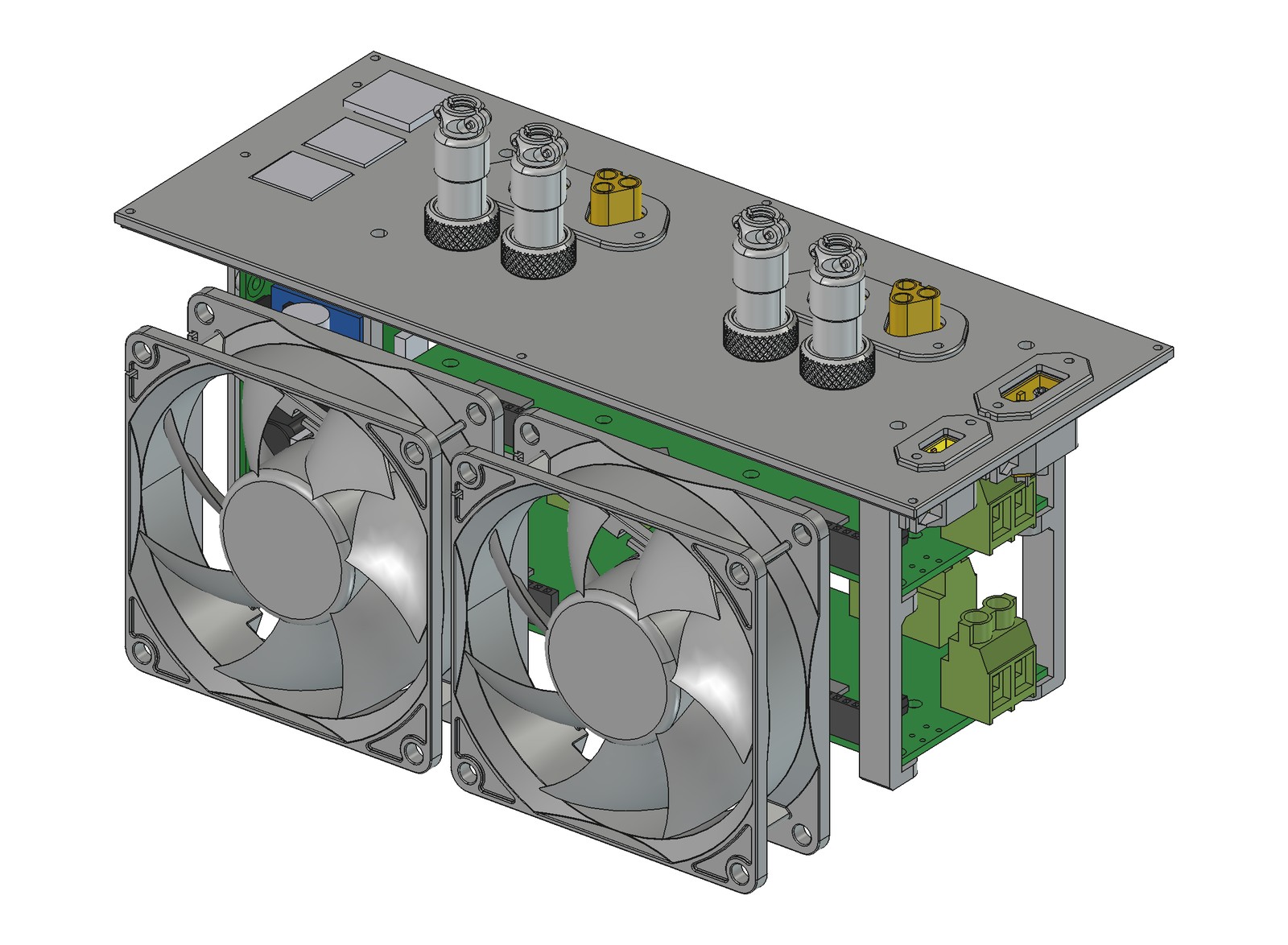 SMUB — controller box with the walls removed: two ODrive v3.6 boards, Raspberry Pi with CAN HAT, LM2596 5 V buck and two 80 mm cooling fans under the connector lid (CAD render)