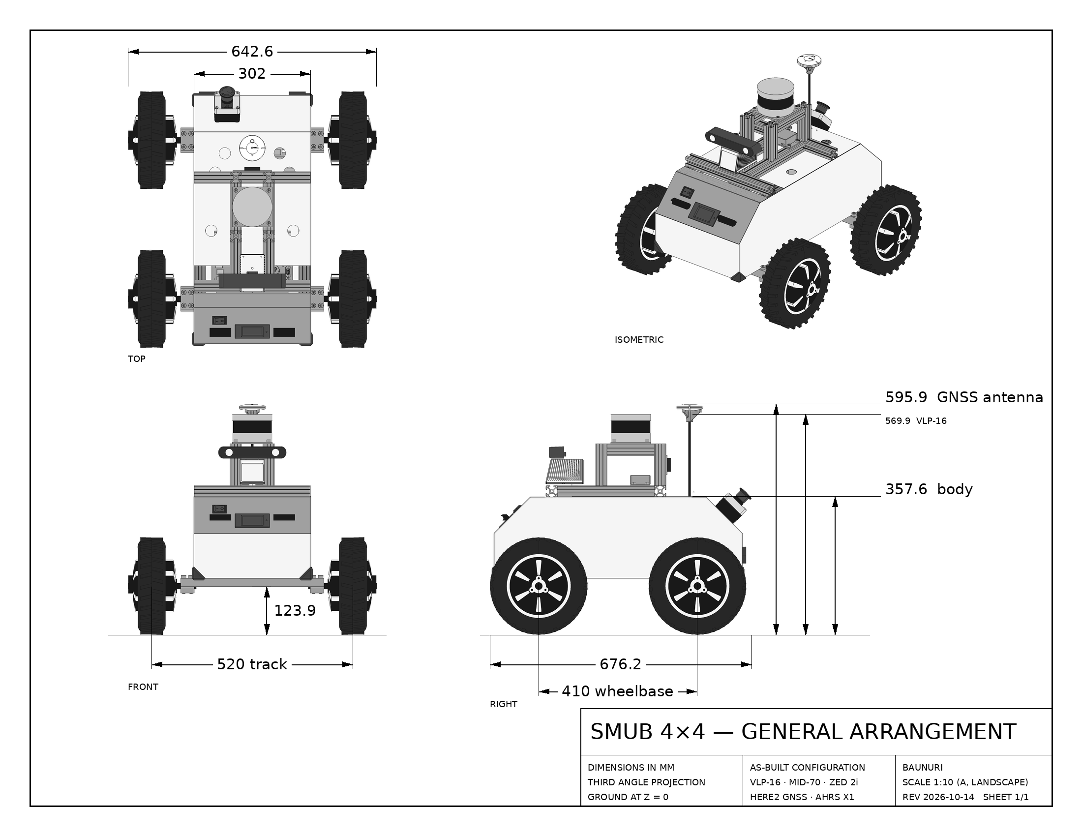 SMUB — general arrangement drawing (as-built): top, front, right and isometric views with overall dimensions