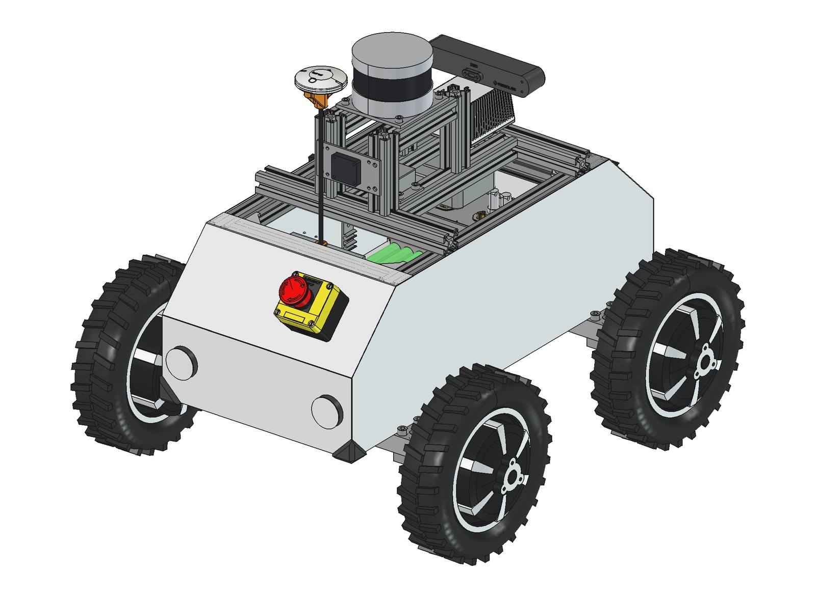 SMUB — CAD assembly, rear isometric: Here2 GNSS mast, VLP-16 lidar, AHRS X1 IMU, and E-stop